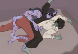 anal bottom dark_hair dnd dnd_character dungeons_and_dragons gay gay_domination gay_sex green_skin half-orc male male/male nerd oc orc orc_male purple_skin submissive thiefling top warlock