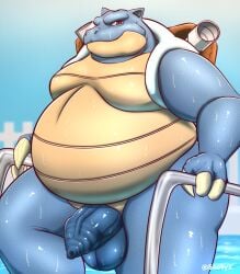 anthro blastoise chubby_male flaccid foreskin genitals hi_res male male_only nintendo overweight overweight_male penis pokémon_(species) pokemon scalie solo treebarkdragon video_games wet