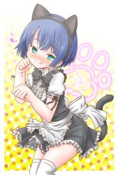 :q absurdres animal_ears ano_natsu_de_matteru blue_hair blush cat_ears commentary_request fake_animal_ears female green_eyes highres kanon_(kurogane_knights) looking_at_viewer maid paw_pose short_hair solo tail tanigawa_kanna thighhighs tongue tongue_out white_thighhighs