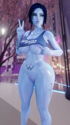 1girls 3d big_ass big_breasts bimbo blender blizzard_entertainment body_writing female female_only functionally_nude guidugalle overwatch solo tattoo v v_sign voluptuous widowmaker