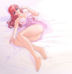 ano_natsu_de_matteru barefoot bed blue_eyes blush breasts commentary_request female glasses large_breasts legs lingerie long_hair long_legs lying mori_chu negligee open_mouth red_hair solo takatsuki_ichika thighs underwear