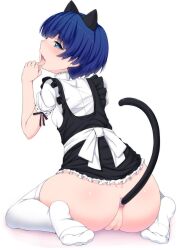 anal anal_object_insertion animal_ears ano_natsu_de_matteru aqua_eyes ass blue_hair bottomless buttplug buttplug_tail cat_ears cat_tail commentary_request fake_animal_ears female from_behind highres kneeling licking maid nectar_(fujiya) no_shoes object_insertion oerba_yun_fang open_mouth photoshop_(medium) sex_toy short_hair simple_background sitting solo tail tanigawa_kanna thighhighs tongue tongue_out wariza white_thighhighs