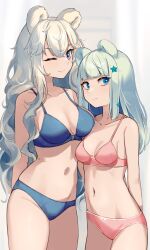 2girls animal_ears arknights bare_shoulders bear_ears belly big_breasts blue_bra blue_eyes blue_panties blue_underwear bored bra breast_size_difference breasts collarbone cute female female_only hairclip happy highres istina_(arknights) light-skinned_female long_hair looking_at_viewer looking_away medium_breasts multiple_girls navel one_eye_closed panties pink_bra pink_panties pink_underwear rosa_(arknights) smile standing thighs underwear very_long_hair wakamepiza white_background wink