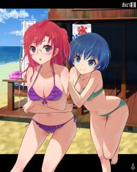 2girls ano_natsu_de_matteru arched_back banner bare_legs bare_shoulders barefoot beach bikini blue_eyes blue_hair breast_hold breasts cleavage commentary_request frilled_bikini frills front-tie_top glasses green_bikini halterneck innertube kakuno kooribata large_breasts multiple_girls navel one_side_up open_mouth purple_bikini purple_eyes red_hair short_hair side-tie_bikini smile swimsuit takatsuki_ichika tanigawa_kanna thigh_gap