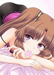 ano_natsu_de_matteru bare_shoulders bed_sheet black_pantyhose brown_hair commentary_request condom condom_in_mouth female flo_(guilty_hearts) hair_ribbon long_hair looking_at_viewer lying mouth_hold on_stomach pantyhose purple_eyes ribbon smile solo strap_slip twintails yamano_remon