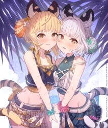 2girls animal_ear_fluff animal_ears arm_around_shoulder arm_around_waist bai_(granblue_fantasy) bangs belt black_belt blank_censor blonde_hair blue_skirt blush censored cidala_(granblue_fantasy) cooperative_handjob cowboy_shot crop_top cute granblue_fantasy green_hair hair_bun hand_on_another's_shoulder highres huang_(granblue_fantasy) looking_at_viewer medium_hair midriff multicolored_hair multiple_girls navel orange_hair parted_lips plaid plaid_skirt scrunchie skirt standing streaked_hair tail tiger_ears tiger_girl tiger_tail white_belt white_hair white_skirt wrist_scrunchie yellow_eyes yellowpaint.