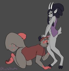 absurd_res anthro bottomless bovid canid canine caprine cecildeatrio cecile_(cecildeatrio) clothed clothing duo fur goat grey_body grey_fur gynomorph hi_res hooves horn intersex male male/male mammal oral pawpads paws raccoon_dog tanuki twipp_(twippnisty)