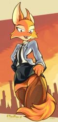 anthro business_suit businesswear canid canine clothing diane_foxington digital_drawing_(artwork) digital_media_(artwork) dominant dominant_female dreamworks female fishnet fishnet_legwear fox fur genitals hi_res legwear looking_at_viewer mammal office_lady orange_body orange_fur portrait presenting pussy smile solo suit sunset tacophox the_bad_guys thick_thighs topwear