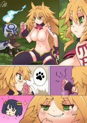 2girls astjiete black_hair blonde_hair breasts green_eyes hundred_knight large_breasts metallia multiple_girls nippon_ichi_software panties sharp_teeth smelling smile the_witch_and_the_hundred_knight topless topless_female viscole_dotrish