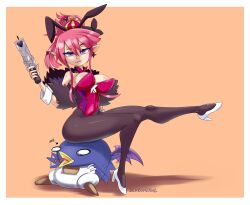 alternate_version_available barely_visible_genitalia breasts bunny_ears bunny_girl bunnysuit disgaea disgaea_5 ichduhernz large_breasts nippon_ichi_software pistol prinny seraphina_(disgaea) tights