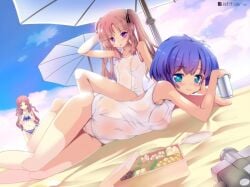 3girls ano_natsu_de_matteru arm_up beach bento bikini blue_bikini blue_eyes blue_hair blue_sky blush breasts brown_eyes brown_hair can chopsticks cloud commentary_request day hair_ribbon hand_in_own_hair highres kitahara_mio long_hair long_legs lying multiple_girls natsumiya_yuzu navel nipples ocean old_school_swimsuit on_side one-piece_swimsuit open_mouth outdoors parasol plate purple_eyes ribbon school_swimsuit see-through short_hair sitting sky small_breasts smile soda_can swimsuit tanigawa_kanna twintails umbrella water white_swimsuit yamano_remon