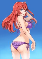 ano_natsu_de_matteru arm_up ass ass_cleavage back bad_id bad_pixiv_id bikini blue_background blue_eyes breasts butt_crack covered_nipples female from_behind glasses gradient gradient_background long_hair looking_at_viewer looking_back medium_breasts nucomas photoshop_(medium) purple_bikini red_hair side-tie_bikini sideboob solo strap_gap swimsuit takatsuki_ichika