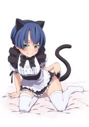 animal_ears ano_natsu_de_matteru apron aqua_eyes arm_support black_dress blue_hair cat_ears cat_tail clothes_lift commentary_request dress dress_lift errant fake_animal_ears female long_legs looking_at_viewer maid naughty_face no_shoes puffy_sleeves short_hair sitting skirt skirt_lift smile solo tail tanigawa_kanna thighhighs thighs waist_apron white_thighhighs yokozuwari