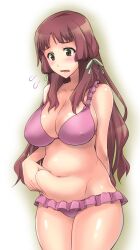 ano_natsu_de_matteru belly_grab bikini blush braid breasts brown_eyes brown_hair cleavage commentary_request covered_nipples female frilled_bikini frills hair_ribbon ishigaki_takashi kitahara_mio large_breasts long_hair navel photoshop_(medium) pinching pink_bikini plump ribbon solo swimsuit weight_conscious