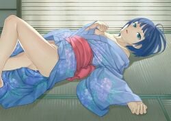 ano_natsu_de_matteru aqua_eyes blue_hair blue_kimono bottomless commentary_request empty_eyes female flat_chest floral_print harmaline japanese_clothes kimono legs long_legs looking_at_viewer lying nipple_slip nipples no_panties obi on_back open_mouth pussy_juice sash short_hair solo tanigawa_kanna tatami