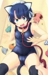 amamiya_minato animal_ears ano_natsu_de_matteru bad_id bad_pixiv_id bathtub blue_eyes blue_hair blush cameltoe cat_ears collar commentary_request female fingers hands highres leash looking_at_viewer old_school_swimsuit one-piece_swimsuit open_mouth palms photoshop_(medium) ribbon rinon_(ano_natsu_de_matteru) school_swimsuit short_hair sitting skindentation solo_focus swimsuit tail tanigawa_kanna thighhighs thighs viewer_holding_leash