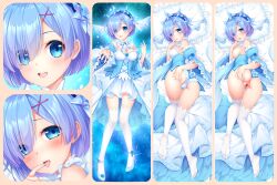 :d ankle_flower ankle_ribbon ass bangs bed_sheet blue_eyes blue_flower blue_footwear blue_hair blue_hairband blue_nails blue_ribbon blue_sleeves blush breasts cleavage dakimakura_(medium) detached_collar detached_sleeves eyes_visible_through_hair female finger_to_mouth flower frilled_sleeves frills hair_between_eyes hair_ornament hair_over_one_eye hairband high_heels leg_ribbon long_sleeves looking_at_viewer medium_breasts miniskirt nail_polish neck_ribbon nipples panties pillow pleated_skirt pumps pussy re:zero_kara_hajimeru_isekai_seikatsu reaching_out rem_(re:zero) ribbon shiny shiny_hair short_hair skirt smile striped striped_panties summer-d_(dodojune) thighhighs tongue tongue_out underbust underwear w white_panties white_skirt white_thighhighs wide_sleeves x_hair_ornament