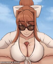 black_glasses boobjob bow brown-tinted_eyewear brown_hair clothed doki_doki_literature_club glasses green_eyes holding_breasts magna_ferra mole_on_breast monika_(doki_doki_literature_club) paizuri penis_between_breasts ponytail smiling sunglasses tinted_eyewear titjob white_bow white_shirt