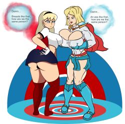 2girls alien alien_girl alien_humanoid ass ass_bigger_than_breasts ass_envy ass_size_difference ass_vs_breasts big_ass big_breasts blonde_hair blue_eyes bottom_heavy breast_envy breast_size_difference breasts breasts_bigger_than_ass cleavage cleavage_cutout collaboration comparing_asses comparing_breasts cosmicdairy counterpart dc dc_comics duo english_text female female_only full_body huge_ass huge_breasts kara_danvers kara_zor-el karen_starr kryptonian linda_danvers maymayumi2 multiple_girls power_girl standing supergirl superhero_costume superheroine superman_(series) text thick_thighs top_heavy upskirt