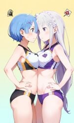 ai_generated angry angry_face blue_hair breast_press breasts breasts_pressed_against_partner bun_huggers catfight emilia_(re:zero) eye_to_eye lesbian_competitive_intercourse re:zero_kara_hajimeru_isekai_seikatsu rem_(re:zero) silver_hair sports_bra sports_shorts sports_uniform staredown yuri