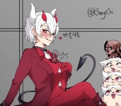 beelzebub_(helltaker) blush bow_tie buisness_suit cerberus_(helltaker) demon_girl demon_horns demon_tail helltaker horns jacket k3nnyn3v nonude red_eyes simple_background t-shirt white_hair