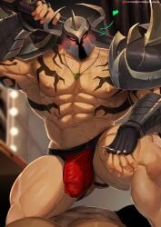 abs bara biceps booboo34 bulge helmet horned_helmet jockstrap league_of_legends male male_nipples male_only manly mordekaiser muscular_male nipples pecs penis_outline riot_games underwear