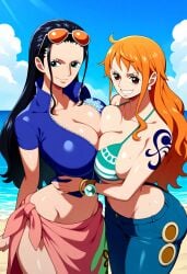 2girls ai_generated beach big_ass big_breasts big_butt bikini blush blushing_female blushing_profusely boob_grab breasts_to_breasts breasts_touching breath bubble_ass bubble_butt cleavage deep_cleavage dripping duo duo_female female female_only grabbing_another's_breast hand_on_another's_chest huge_ass huge_breasts large_breasts massive_breasts nami narrow_waist nico_robin one_piece open_mouth posing posing_for_the_viewer self_upload sweatdrop sweating sweaty sweaty_body sweaty_breasts sweaty_butt thick_thighs wide_hips yeetyboi5000 yuri yuri