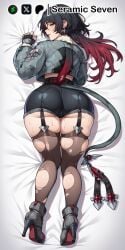 1girls 2d ai_generated ass ass body_pillow body_pillow_design bubble_butt dakimakura dakimakura_design female female_focus female_only from_above hourglass_figure jane_doe_(zenless_zone_zero) laying_on_stomach looking_back seramic_seven sheets solo solo_female solo_focus thick_hips thick_legs thick_thighs zenless_zone_zero