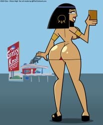 1girls 2024 areolae armband ass_focus big_ass big_breasts bubble_butt cleopatra_smith clone_high egyptian eyeliner looking_at_viewer phone platform_heels selfie shirtless smirk solo the_cartoon_love thong thong_pull watermark