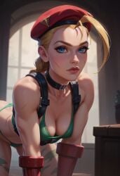 1girls ai_generated all_fours braid braided_hair cammy_white fit_female looking_at_viewer panties ragen ragen_nsfw seductive solo solo_female street_fighter teasing thong twintails