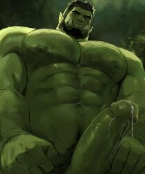 abs bara biceps big_penis cum green-skinned_male green_body green_skin male male_nipples male_only manly muscular_male nipples nude orc orc_male pecs penis teeth teeth_visible tusks yy6242