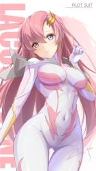 1girls alternate_costume artist_name ass_visible_through_thighs blue_eyes bodysuit breasts covered_navel gundam gundam_seed gundam_seed_freedom hair_ornament highres lacus_clyne long_hair looking_at_viewer mecha_pilot_suit normal_suit official_alternate_costume pilot pilot_suit pink_hair science_fiction serike_w smile solo thigh_gap very_long_hair