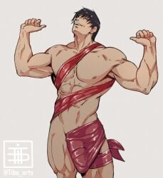 1boy 2024 artist_logo big_penis black_hair bulge gift_wrapping hi_res jujutsu_kaisen looking_at_viewer male male_only mostly_nude muscles muscular muscular_male penis_bulge simple_background smiling smiling_at_viewer solo tibo_arts toji_fushiguro wrapped_penis wraps