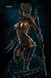 1girls alien_(franchise) alien_vs_predator black_hair breasts claw dark_hair dreadlocks female female_focus female_pubic_hair human long_hair machiko_noguchi mask nipples nude nudity predator_(franchise) pubes pubic_hair skribblix weapon xenomorph