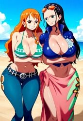 2girls ai_generated beach big_ass big_breasts big_butt bikini blush blushing_female blushing_profusely boob_grab breasts_to_breasts breasts_touching breath bubble_ass bubble_butt cleavage deep_cleavage dripping duo duo_female female female_only grabbing_another's_breast hand_on_another's_chest huge_ass huge_breasts large_breasts massive_breasts nami narrow_waist nico_robin one_piece open_mouth posing posing_for_the_viewer self_upload sweatdrop sweating sweaty sweaty_body sweaty_breasts sweaty_butt thick_thighs wide_hips yeetyboi5000 yuri yuri