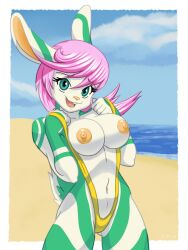 3:4 anthro beach bikini breasts clothing detailed_background exposed_breasts female lagomorph leporid looking_at_viewer mammal nipples one-piece_swimsuit open_mouth outside rabbit sand seaside skeleito sky sling_bikini solo swimwear water