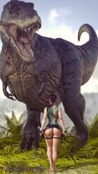 3d ass bare_shoulders barefoot braid brown_hair bubble_butt busty dinosaur female female_focus female_only hourglass_figure lara_croft lara_croft_(classic) leotard long_hair mozzarella3d rear_view standing t-rex tagme thong_leotard tomb_raider wide_hips