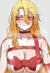 1girls big_breasts blonde_hair blush breasts don_quixote_(limbus_company) female gift gift_wrapped limbus_company long_hair looking_away nb8c partially_clothed presenting project_moon red_eyes ribbon sancho_(limbus_company) solo standing sweat