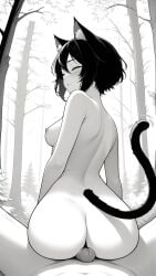 ai_generated ass back_view bankonit black_and_white black_hair breasts cat_ears cat_tail catgirl closed_eyes grinding looking_back medium_breasts monochrome nipples nude outdoors penis pov rear_view short_hair sitting_on_penis smile stable_diffusion