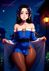 1boy ai_generated black_hair blue_eyes bulge bulge_through_clothing choker femboy flat_chest ilfb long_hair night solo standing trap