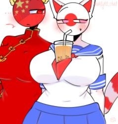 … 2d 2girls amogus_reference artist_name artist_signature big_ass big_breasts big_hips big_thighs bubble_tea cat_ears cat_tail catgirl china_(countryhumans) countryhumans countryhumans_girl drink drink_on_breasts drinking female_focus female_only huge_breasts japan_(countryhumans) kak0yt0_chel looking_annoyed looking_at_another looking_away sailor_uniform simple_background source traditional_clothes twitter_link twitter_username white_background