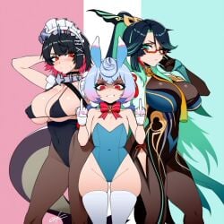 1girls 3girls ai_generated bunnysuit ellen_joe genshin_impact grin makeup makeup_running middle_finger naughty_face playboy_bunny racerai sassy shaded_face shark_tail sigewinne_(genshin_impact) thick_thighs thighhighs thiren wide_hips xianyun_(genshin_impact) zenless_zone_zero