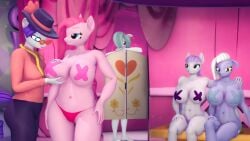 16:9 3d_(artwork) 4k abs absurd_res anthro blue_eyes blush bottomwear breast_grab breast_squish breasts carousel_boutique changing_room clothing covering covering_face cutie_mark digital_media_(artwork) earth_pony equid equine eyewear female fluffy fluffy_mane fluffy_tail friendship_is_magic fur glasses grey_body group hair hand_on_breast hand_on_hip hand_on_shoulder hasbro hat headgear headwear hi_res horse inside limestone_pie_(mlp) mammal marble_pie_(mlp) maud_pie_(mlp) measuring muscular muscular_female my_little_pony nipple_tape open_mouth panties pants pasties pinkamena_(mlp) pinkie_pie_(mlp) pony promotional_material purple_eyes purple_hair shirt silkworm205 source_filmmaker_(artwork) squish tail tape tape_measure topwear underwear widescreen