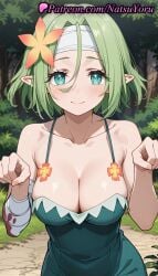 1girls ai_generated anime anime_style aqua_eyes bandaged_arm bandaged_hand bandaged_head bandages bangs bare_shoulders blush breasts bust busty cleavage closed_mouth collarbone dress elf elf_ears female female_focus female_only flower flowers forest green_dress green_eyes green_hair hair_between_eyes hair_flower hair_ornament headband hentai kono_subarashii_sekai_ni_shukufuku_wo! large_breasts looking_at_viewer natsuyoru nature orange_flower outdoors paw_pose pointed_ears pointy_ears short_hair sleeveless sleeveless_dress smile solo solo_female tranquility_girl tree upper_body voluptuous voluptuous_female white_headband