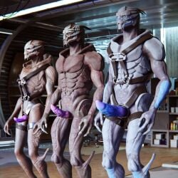 3d abs alien bioware claws digital_media_(artwork) electronic_arts erection genitals group harness hi_res inside male male_only mass_effect nude penis ralic_turman standing trio turian