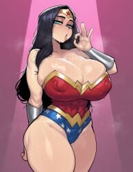 1girls ai_generated black_hair blue_eyes bracelet breasts cleavage covered_nipples cowboy_shot dc dc_comics fellatio_gesture fucktoy goonedoutp3rv headband huge_breasts krekk0v_(ai_style) leotard long_hair looking_at_viewer open_mouth simple_background slim_waist solo thick_thighs thighs tongue tongue_out wide_hips wonder_woman wonder_woman_(series)