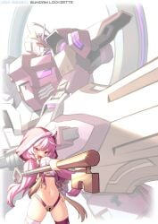 absurdres ahoge capelet cropped_legs eien_project female gundam gundam_schwarzette gundam_suisei_no_majo hand_on_own_hip highres holding holding_key holding_sword holding_weapon hood key keyhole kiki_lockheart long_hair looking_at_viewer mecha mobile_suit navel oerba_yun_fang open_mouth panties pinguinkotak pink_capelet pink_hair red_eyes redesign revealing_clothes robot science_fiction smile solo standing sword thong twintails underwear v-fin virtual_youtuber weapon white_background