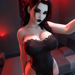 1girls 3d 3d_(artwork) ai_generated bare_shoulders big_ass big_breasts black_dress black_hair black_lips, black_lipstick busty cleavage collarbone female goth goth_girl long_hair pale-skinned_female pale_skin radnsad red_lighting solo solo_female solo_focus thick_thighs thighhigh_boots thighhighs thighs white_skin wide_hips