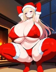 ai_generated armpits arms_behind_head bikini choker christmas christmas_outfit fireplace gigantic_breasts kitagawa_marin sono_bisque_doll_wa_koi_wo_suru squatting stable_diffusion thick_thighs thighhighs wide_hips