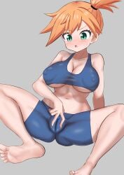 :o asymmetrical_hair bare_legs bare_shoulders barefoot blush breasts cleavage covered_erect_nipples creatures_(company) eyelashes feet female female_focus game_freak green_eyes gym_leader highres huge_breasts kasumi_(pokemon) knees large_breasts legs looking_at_viewer midriff navel nintendo nipples open_mouth orange_hair pokemon ponytail runate shiny_skin shirt short_hair shorts side_ponytail sitting soles solo spread_legs sweat sweatdrop tank_top thick_thighs thighs toes underboob